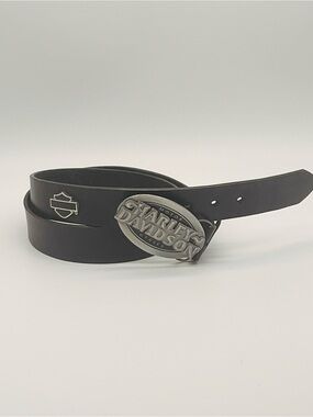 Harley-Davidson Black Leather Belt 1.5 W Size 40 Brushed Metal Logo Buckle 3"